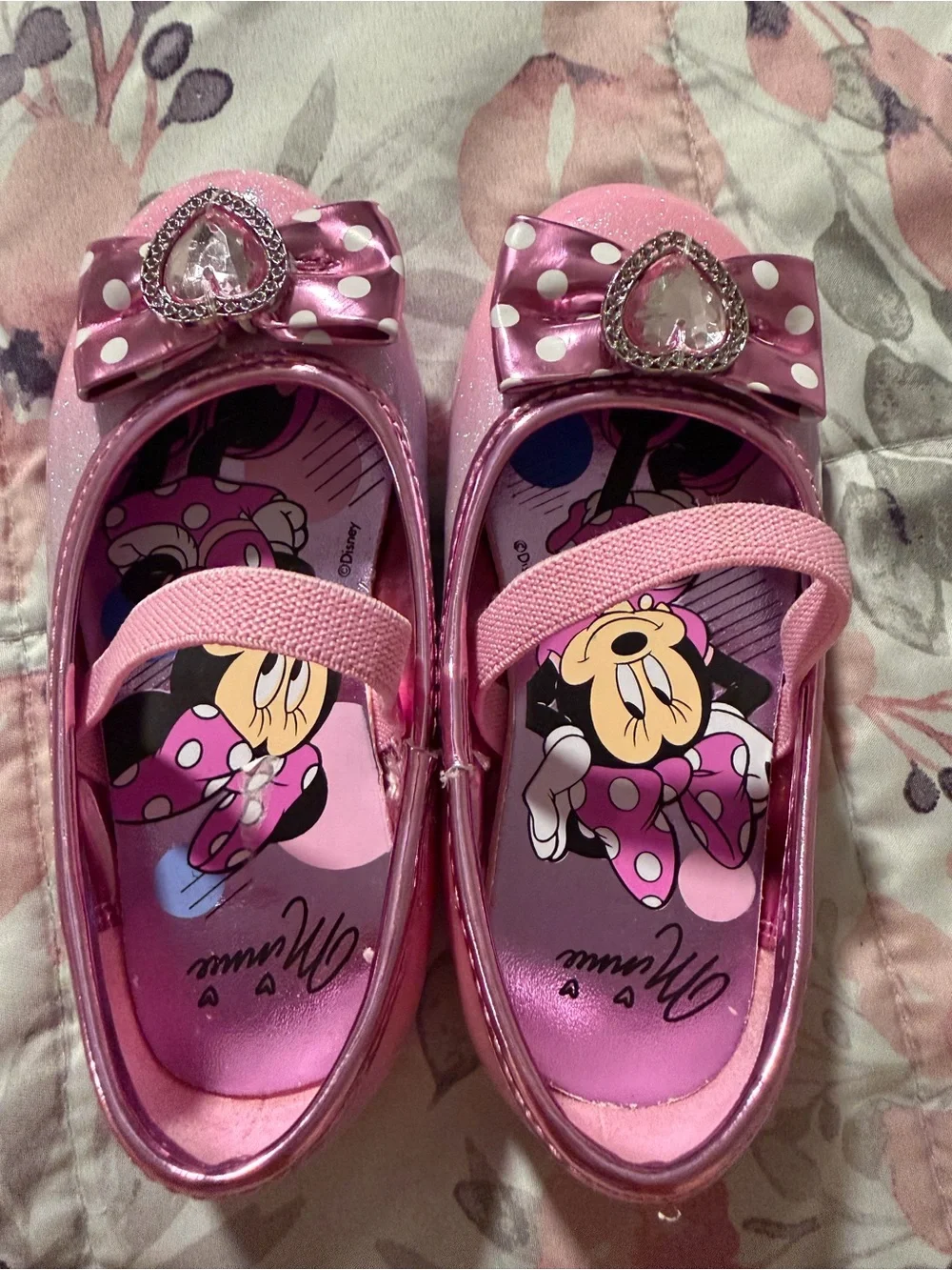 Disney Pink Minnie Bow Mary Jane Flats with Heart Gem